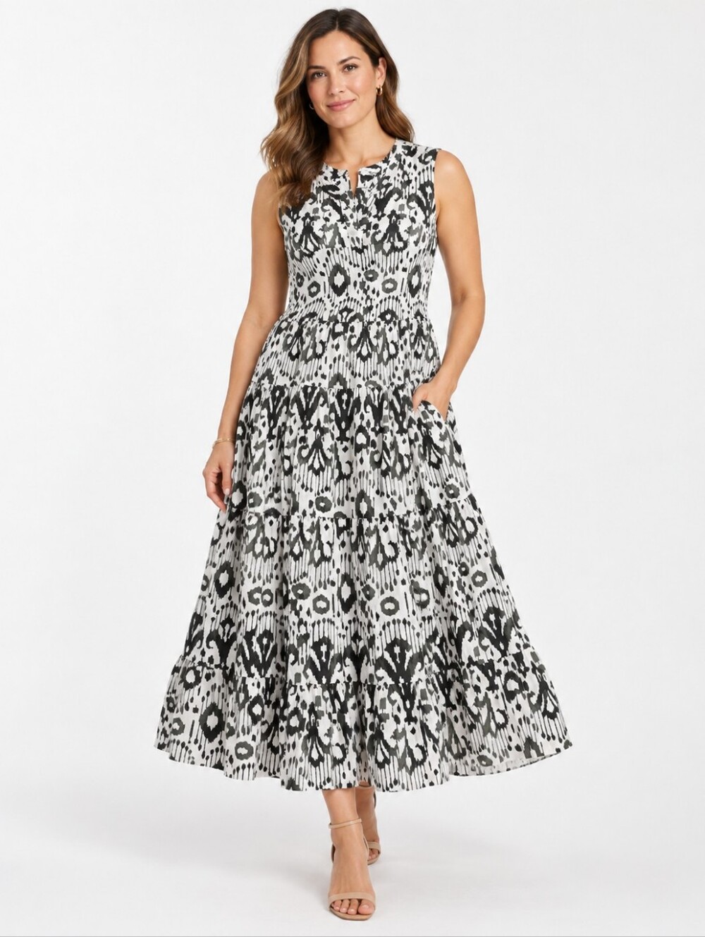 Chico’s Women’s Size 0 Black White Ikat Print Tiered Maxi Dress Sleeveless